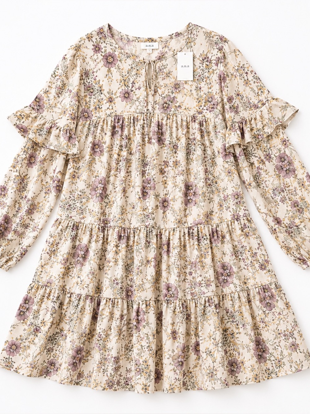 a.n.a Floral Tiered Dress XL Cream Purple Boho Cottagecore autumn wedding guest